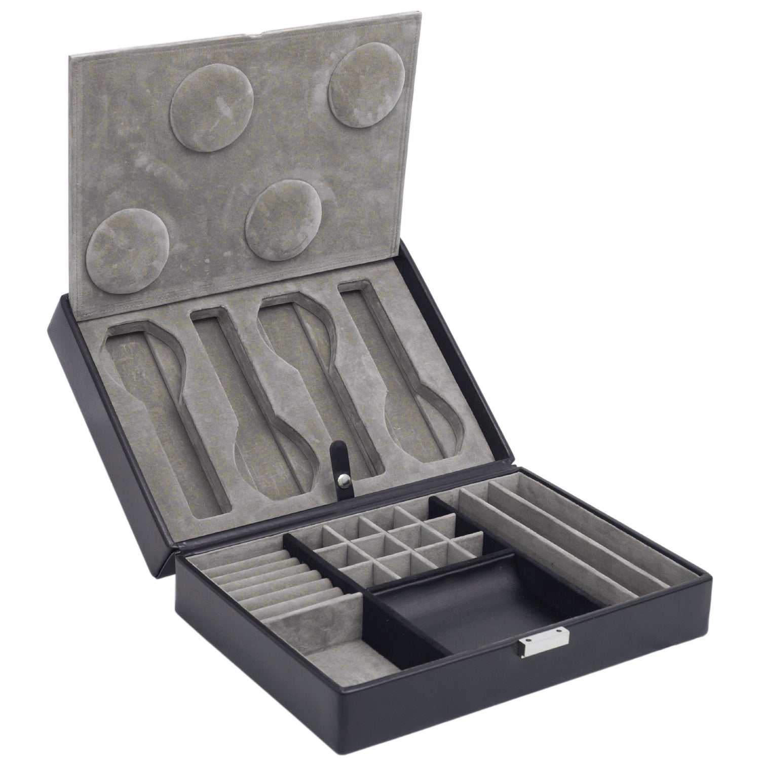 Heritage 4 Piece Watch Box with Valet 99505, vegan leather, ultra-suede lining, chrome-finished hardware, 17 compartments, Wolf Heritage Men's Collection.
