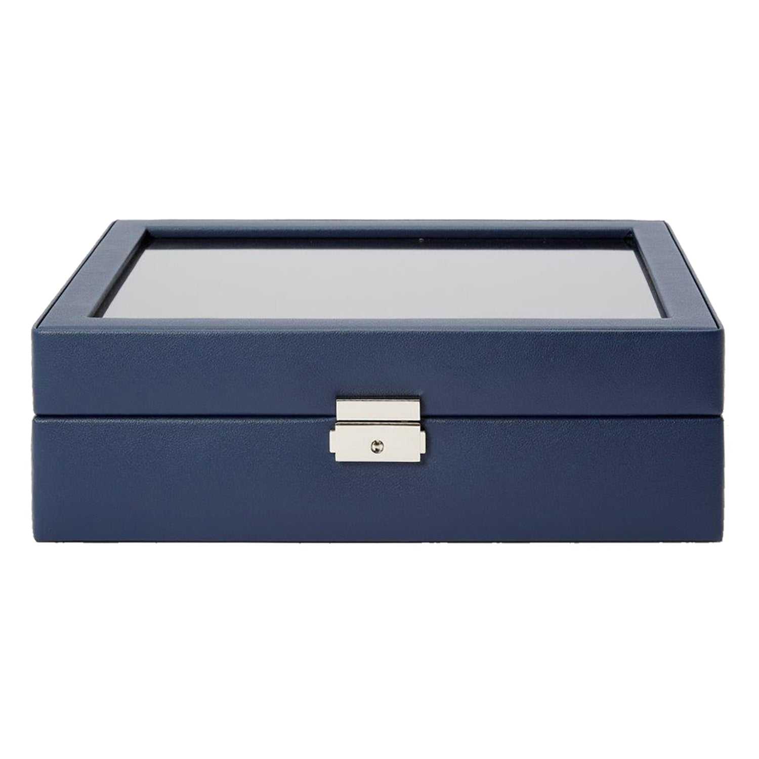 Wolf Heritage navy watch box, 10-piece capacity, faux leather, glass cover, elegant design.