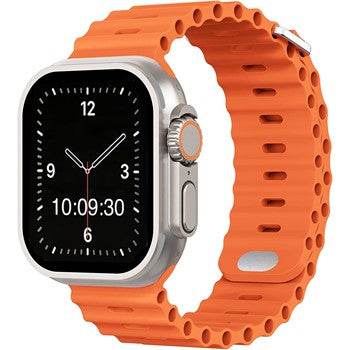 Orange adventure silicone watch strap compatible with Apple Watches, featuring a durable titanium buckle.