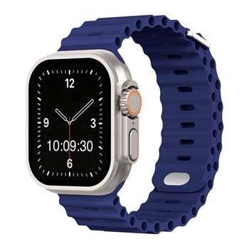 Blue silicone adventure watch strap for Apple Watches, suitable for outdoor and water sports, with titanium buckle.