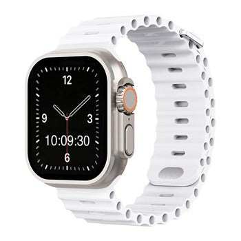 Silicone watch strap for Apple Watch in white, designed for outdoor adventures and water sports, with titanium buckle.