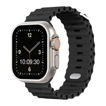 Silicone adventure watch strap for Apple Watches, black color, ideal for outdoor and water sports, features titanium buckle and adjustable loop.