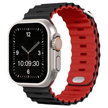 Black and red silicone adventure watch strap for Apple watches, designed for durability in extreme activities.