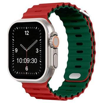 Silicone Adventure Apple Watch strap with titanium buckle, shown in red and green, fits 38/40/41mm or 42/44/45/49mm Apple Watches.