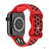 Red and black silicone sport strap for Apple Watch, available in 38-40mm and 42-44mm sizes.