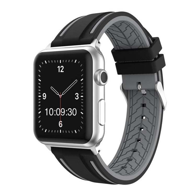 Silicone sport strap for Apple Watch in black and grey, compatible with 38-40mm and 42-44mm sizes, designed for active use.