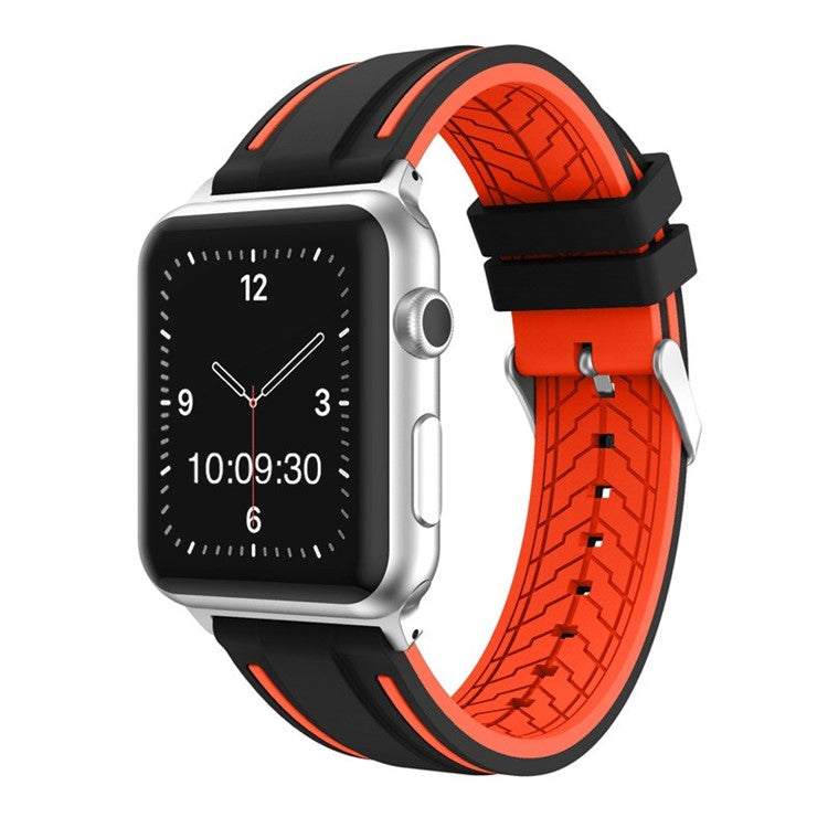 Black and orange silicone sport strap for Apple Watch in 38-40mm or 42-44mm sizes.
