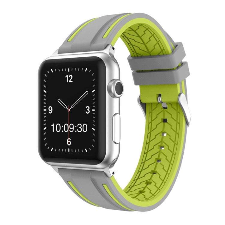 Silicone sport Apple Watch strap in grey and green, compatible with 38-40mm and 42-44mm sizes, ideal for active lifestyles.