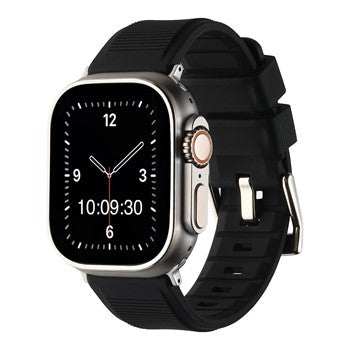 Heavy silicone Apple Watch strap with buckle, black, compatible with 38-40mm and 42-44mm sizes.