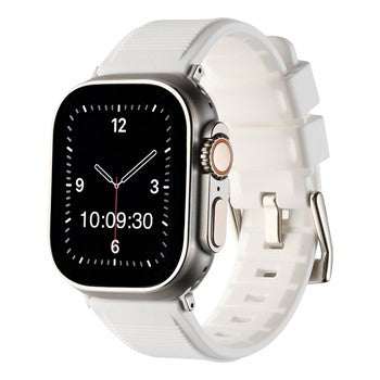 White heavy silicone Apple Watch strap with buckle, compatible with 38-40mm and 42-44mm sizes.