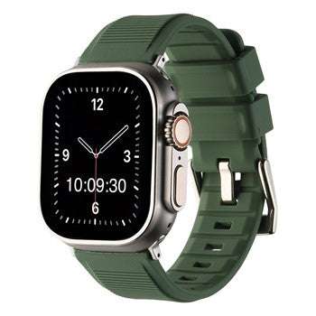 Heavy silicone Apple Watch strap with buckle in green, shown on watch, available in 38-40mm and 42-44mm sizes.