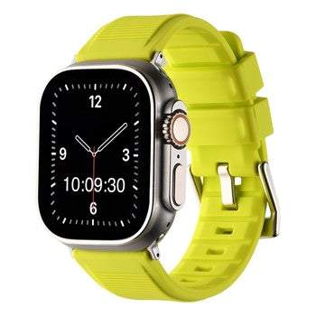 Silicone Apple Watch strap with buckle in light green, compatible with 38-40mm and 42-44mm Apple Watch models.
