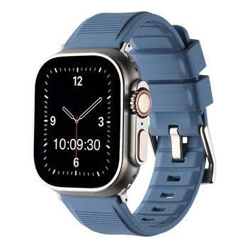 Heavy silicone apple watch strap with buckle in blue, showcasing compatibility with 38-40mm and 42-44mm Apple Watch models.