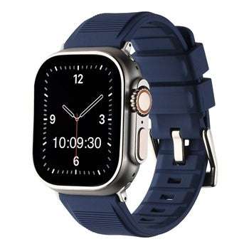 Navy heavy silicone Apple Watch strap with buckle, shown on watch face, compatible with 38-44mm models.