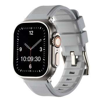 Heavy silicone Apple Watch strap with buckle in light grey, compatible with 38-40mm and 42-44mm sizes.