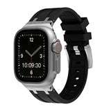 Silicone Sport Apple Watch Strap in black with silver buckle, compatible with 38-40mm and 42-44mm sizes.