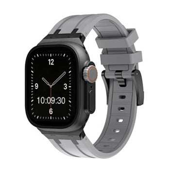 Silicone sport Apple Watch strap in grey, compatible with 38-40mm and 42-44mm sizes.