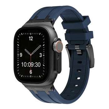 Silicone sport Apple Watch strap in blue, compatible with 38-40mm and 42-44mm sizes.
