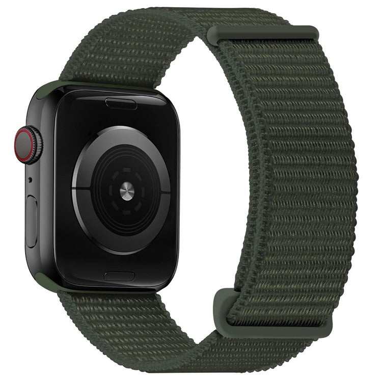 Woven nylon sport loop watch strap for Apple Watches in dark green, showcasing durable and comfortable fine weave design.