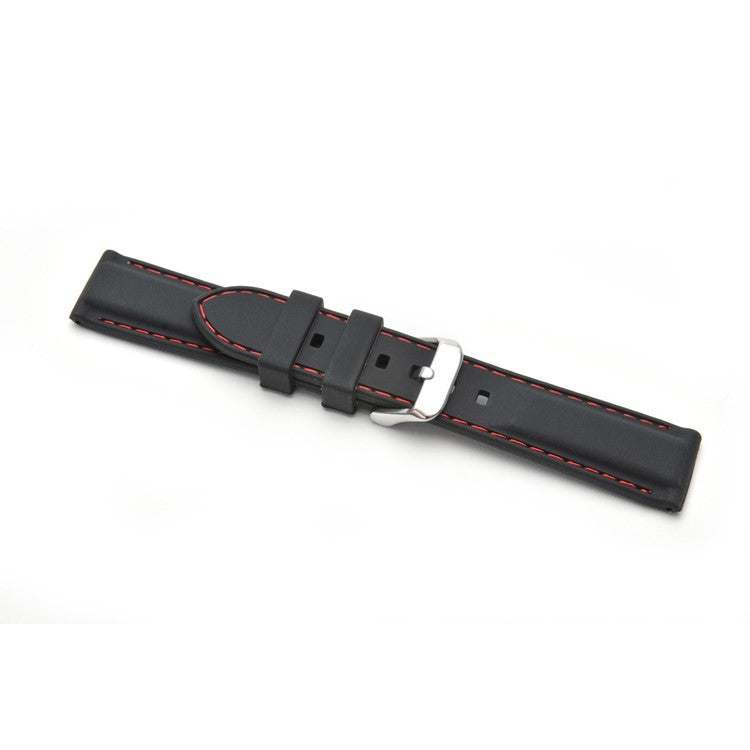 Silicone stitched watch strap with leather look and red contrast stitching, featuring a polished stainless-steel buckle.