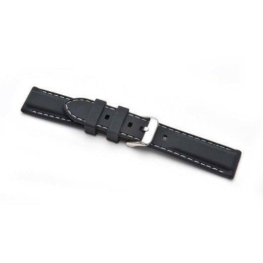 Silicone stitched watch strap with leather look, white contrast stitching, and stainless-steel buckle.
