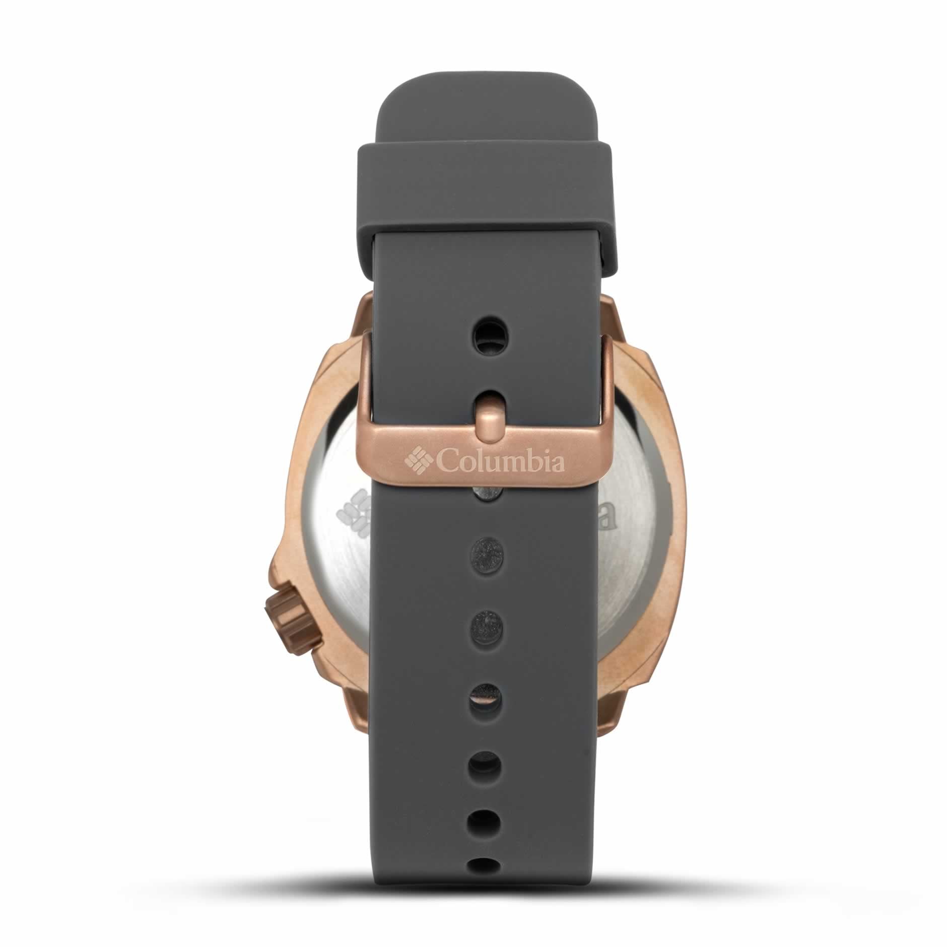 Back view of  Delta Ridge Rose Gold Watch Case Grey Dial Grey Silicone Strap 