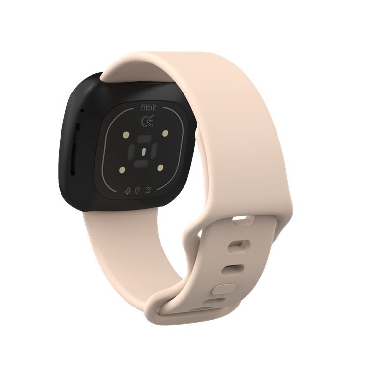 Fitbit Versa 3 compatible strap in beige, showcasing size options and stylish design.