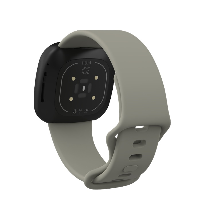 Fitbit Versa 3 compatible strap in grey, available in sizes S and L, shown on a watch display.