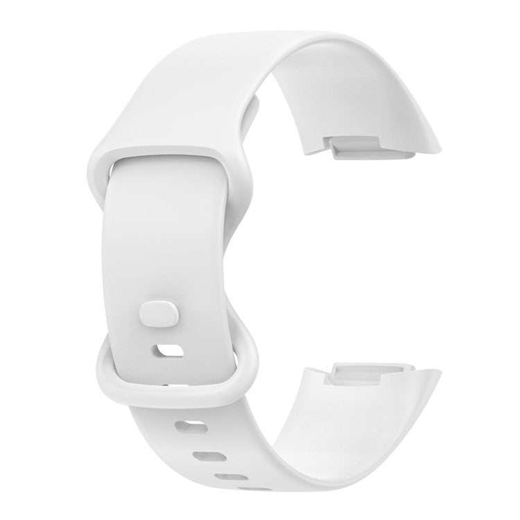 White Fitbit Charge 5 compatible strap available in sizes S and L for comfort and style.