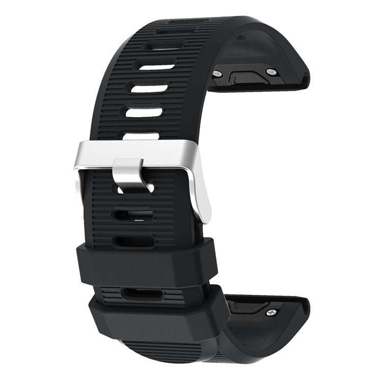 Silicone strap with silver buckle compatible with Garmin Fenix 6X, featuring durability, comfort, and easy installation.