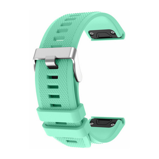 Garmin Fenix 5 silicone strap with silver buckle in vibrant color, durable and comfortable.