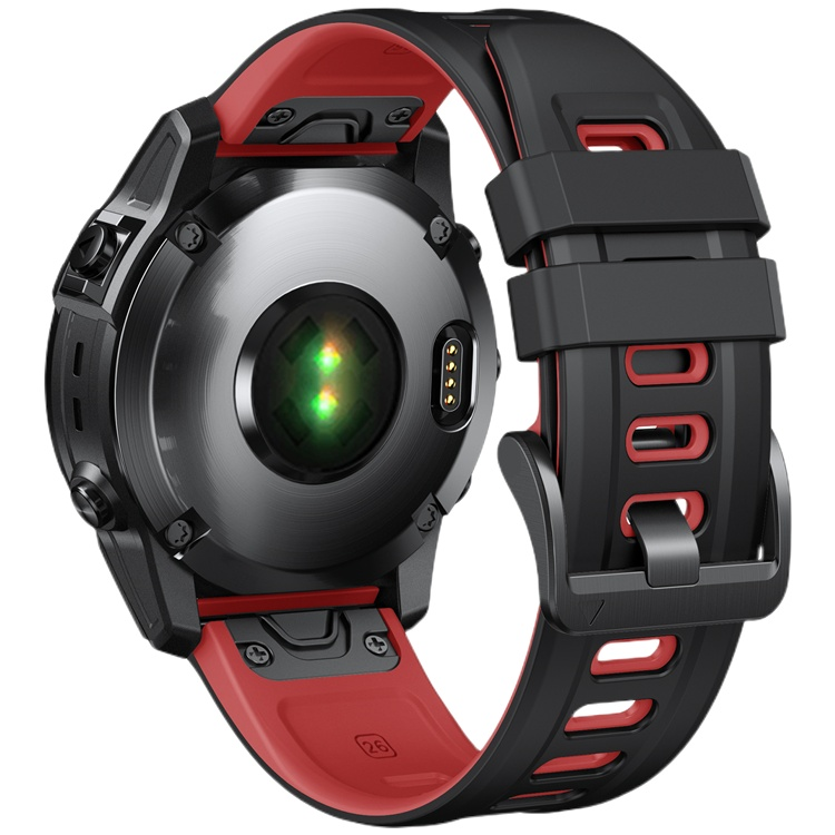 26mm Quick Release Strap for Garmin Watches in black and red, showing secure attachment and design.