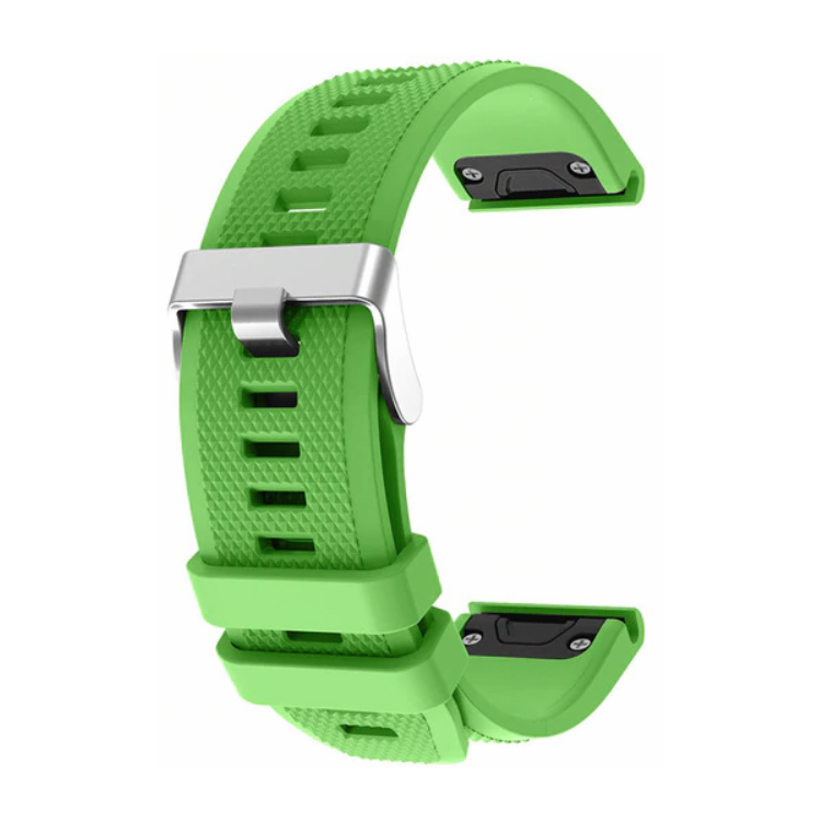 Green Garmin Fenix 5 silicone strap with silver buckle, durable and sweat-resistant for sports and daily wear.