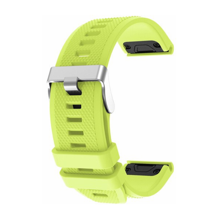 Garmin Fenix 5 silicone strap with silver buckle in vibrant green color, durable and comfortable for active use.