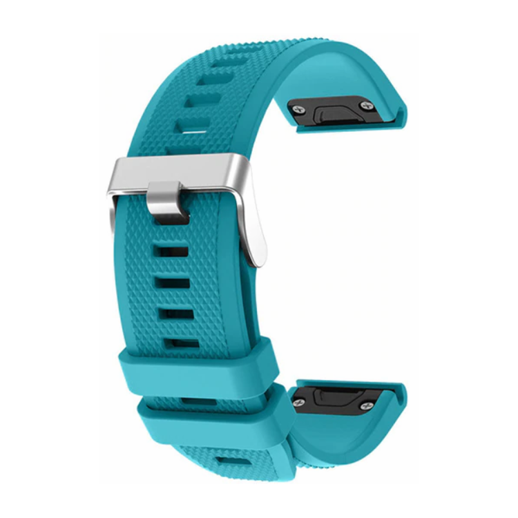 Garmin Fenix 5 turquoise silicone strap with silver buckle, durable and comfortable design.