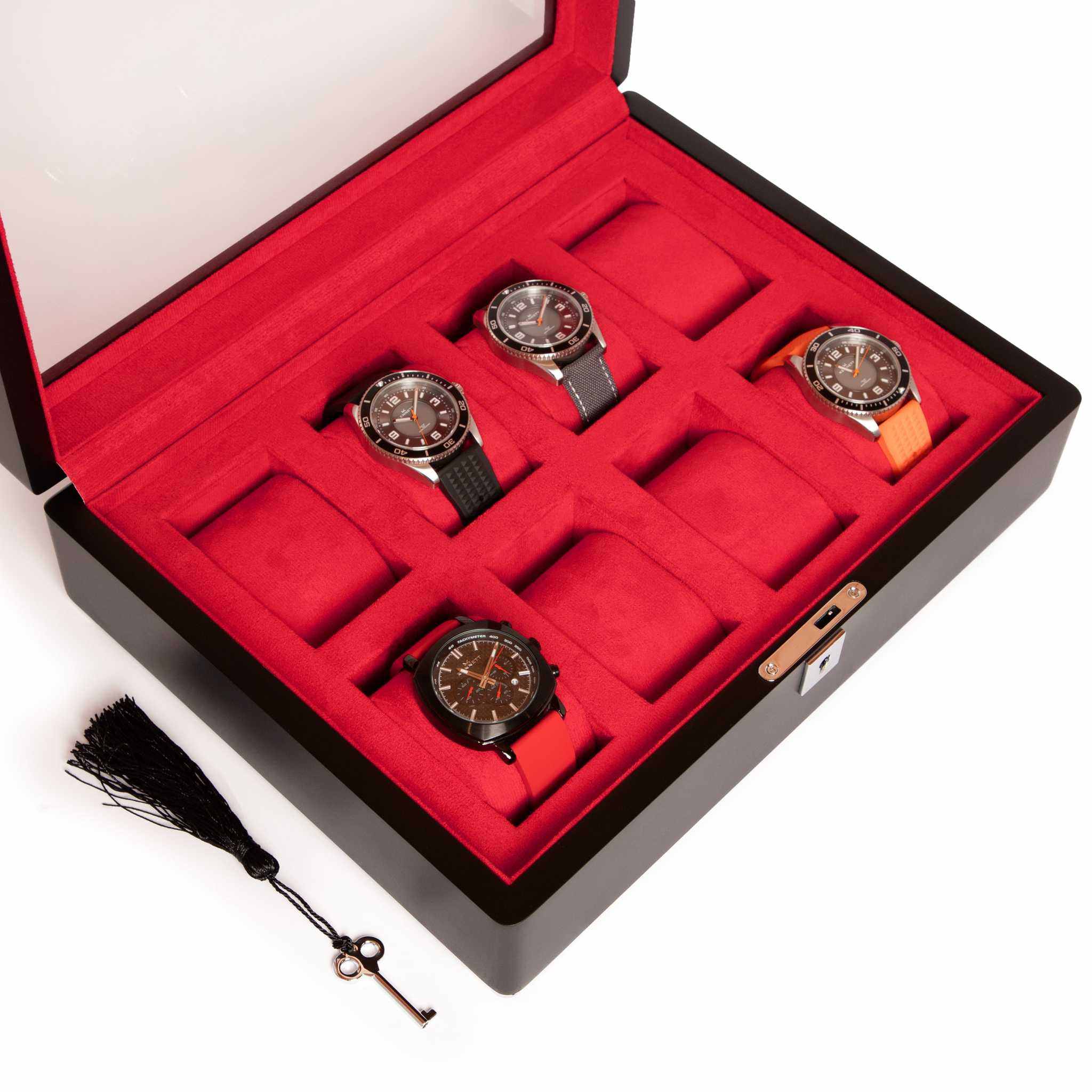 8 Slot Black Wooden Watch Box with Red Velvet Lining watch boxKennett Great Britain