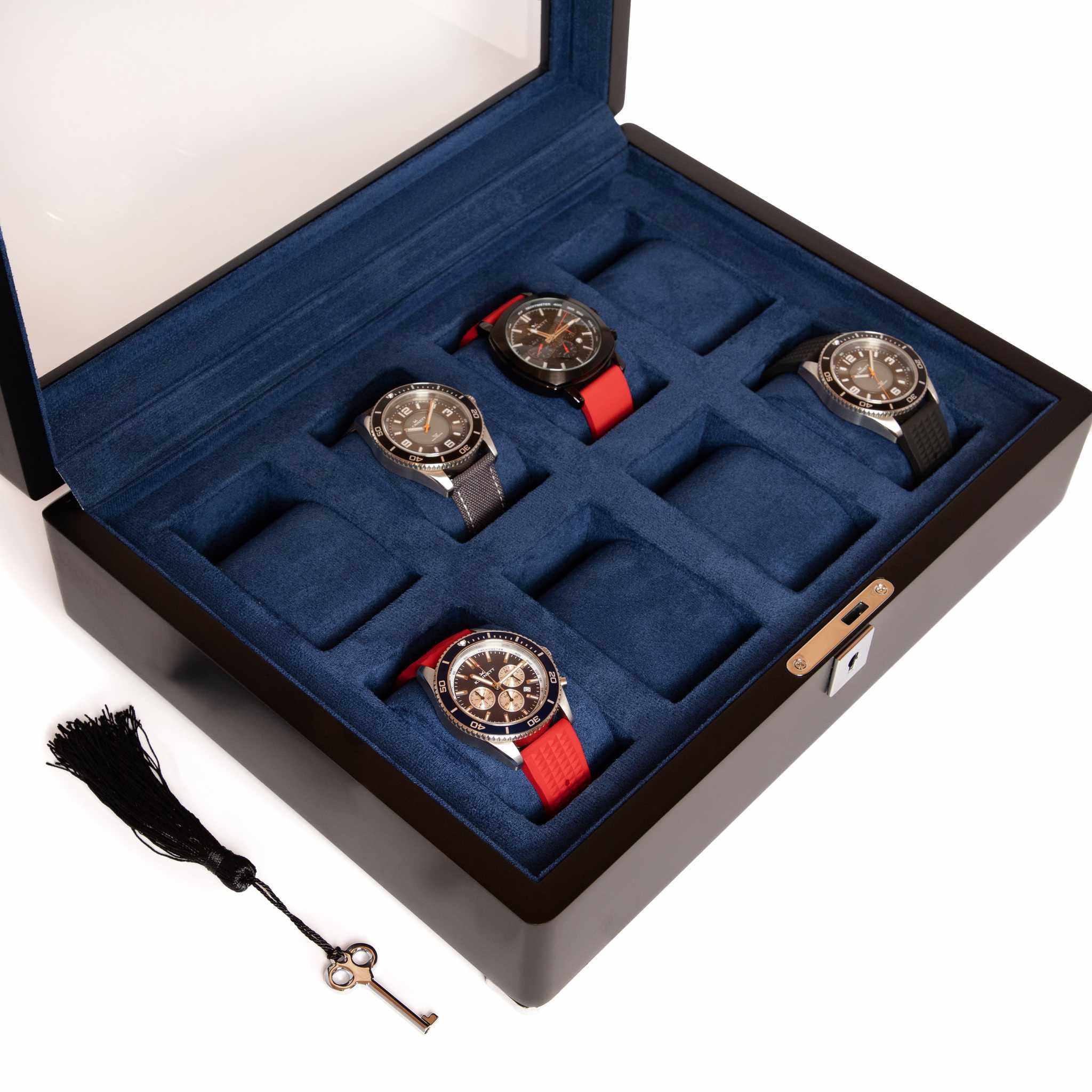 8 Slot Black Wooden Watch Box with Blue Velvet Lining watch boxKennett Great Britain