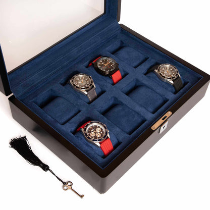 8 Slot Black Wooden Watch Box with Blue Velvet Lining watch boxKennett Great Britain