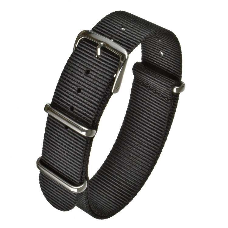 Black military nylon watch strap with stainless steel buckles, durable and affordable.