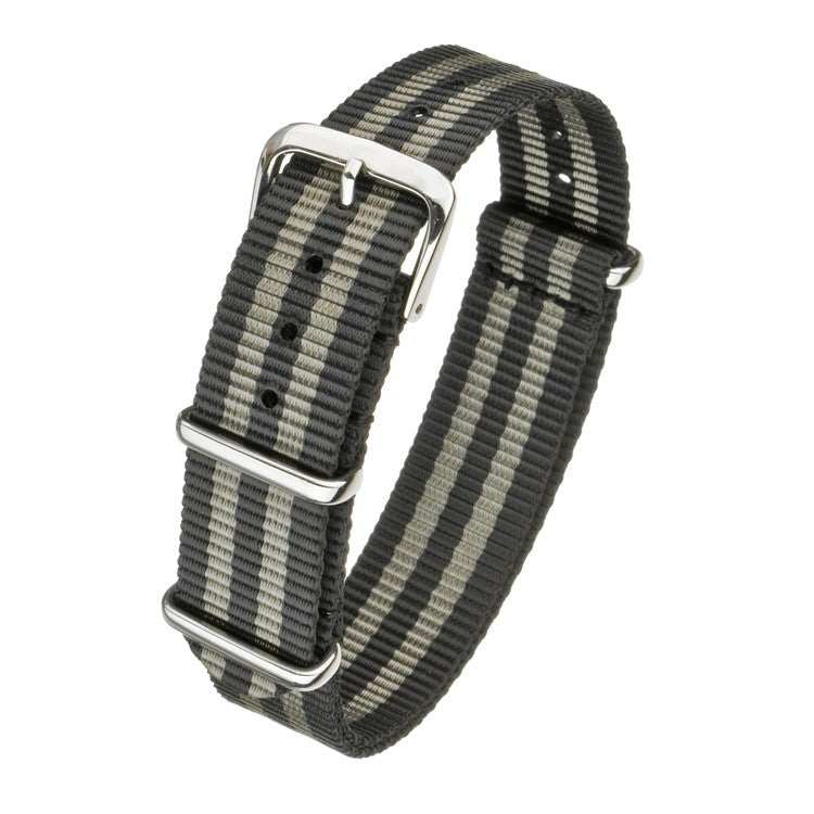 Durable striped nylon watch strap with stainless-steel buckle, versatile for casual or outdoor use.