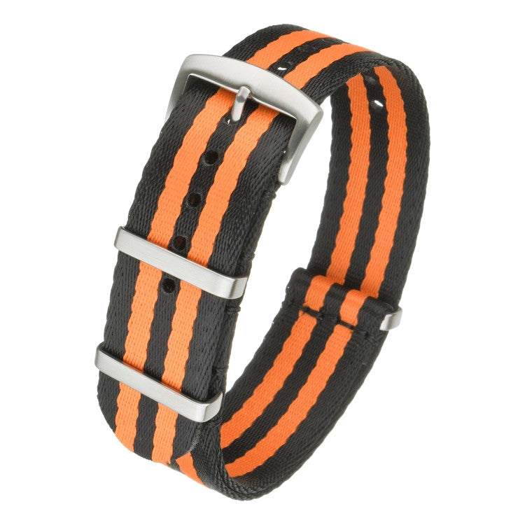 Premium seatbelt military watch strap with black and orange stripes, durable and comfortable design.