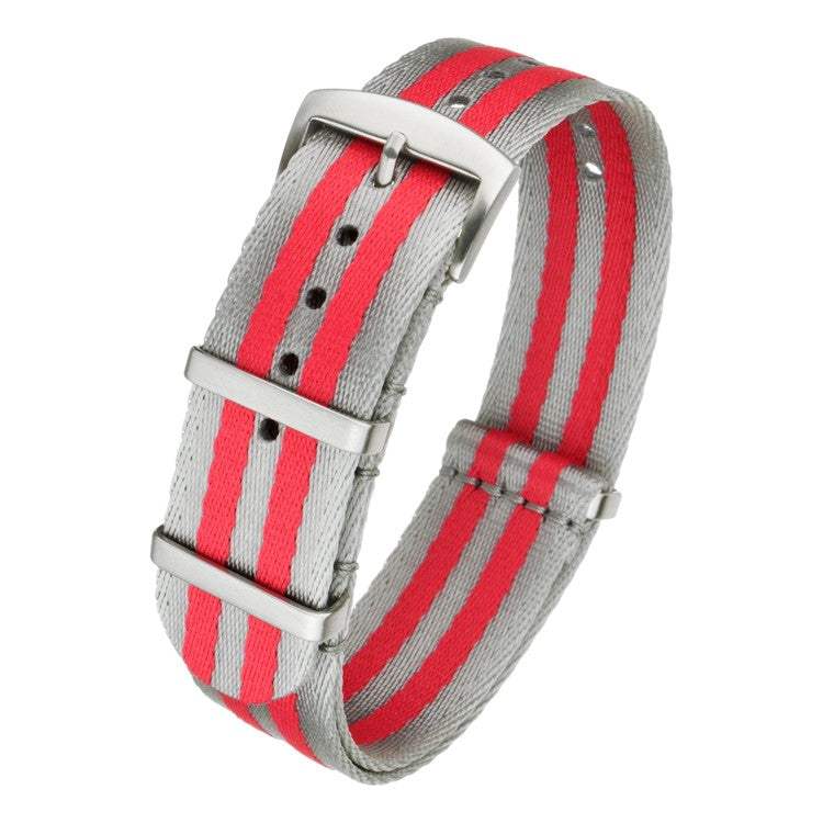 Premium seatbelt military watch strap with red and gray stripes, showcasing a durable and comfortable woven design.