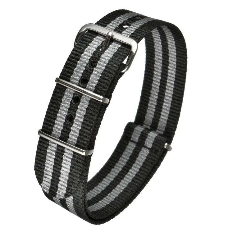 Durable black and gray striped nylon watch strap with stainless steel buckle, perfect for outdoor adventures and everyday wear.