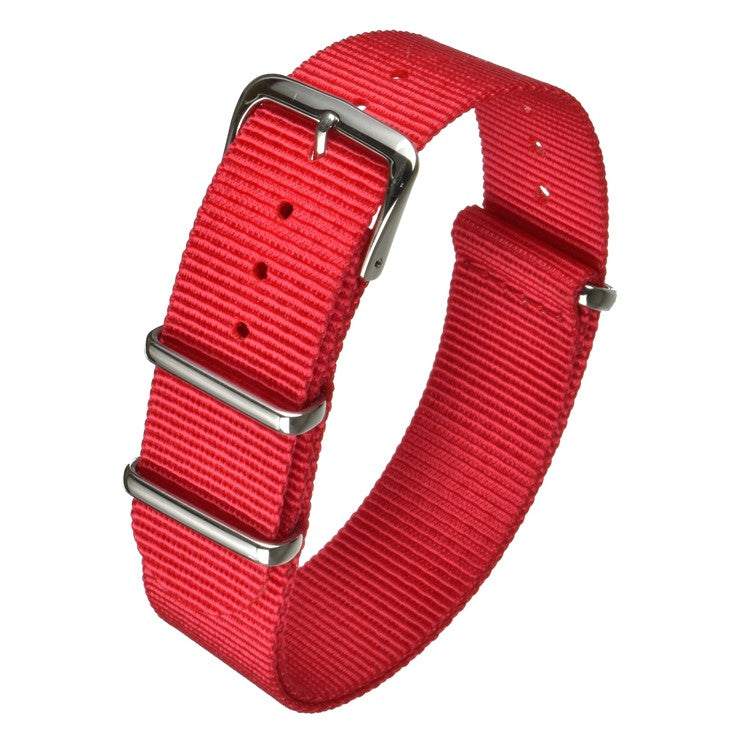 Durable red nylon watch strap with stainless-steel buckle, ideal for military or casual use.