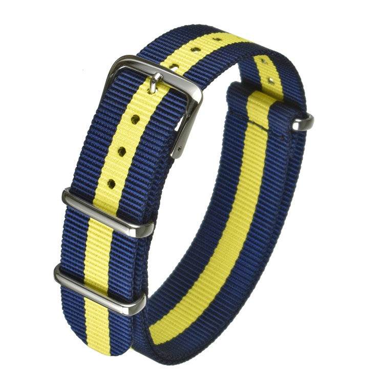 Durable military budget nylon watch strap with stainless-steel buckle, featuring classic blue and yellow stripes.