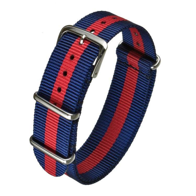 Durable blue and red nylon watch strap with stainless-steel buckles.