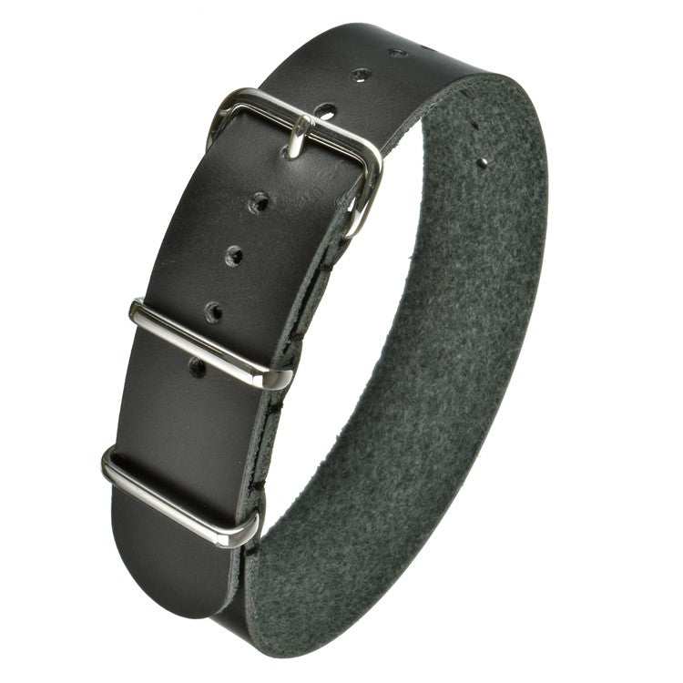 Military leather watch strap with stainless steel hardware, versatile and durable design.