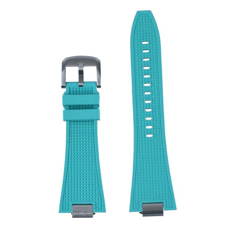 FKM Rubber Strap for Tissot PRX40 in teal with brushed steel end pieces and heavy-duty pin buckle.