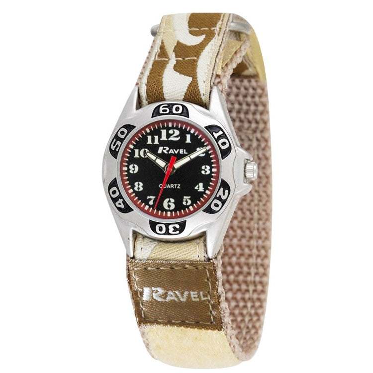 Ravel Kids Camouflage Cream/Brown Velcro Watch with Arabic Dial and Satin Silver Case.