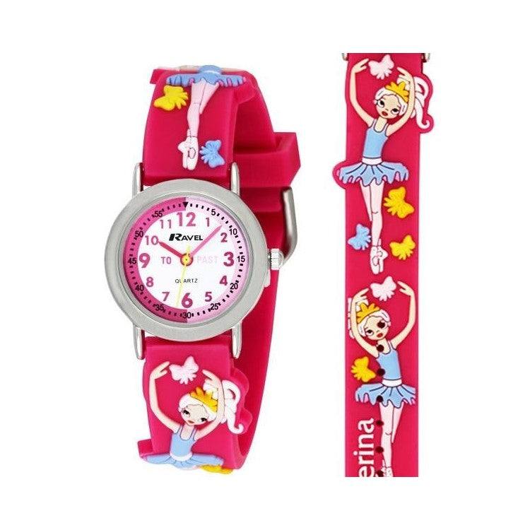 Ravel 3D Kidz Ballerina Watch with time-teaching dial and 3D ballerina design on pink silicone strap.